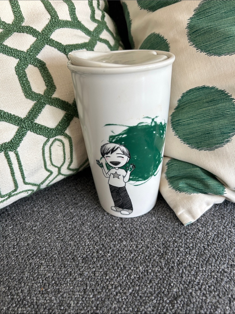 Starbucks White Ceramic Boy Painter Tumbler with Green Logo